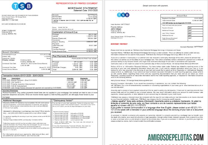 Extrato de hipoteca do banco TSB do Reino Unido em formatos Word e PDF, 3 páginas 1 2 exemplo real